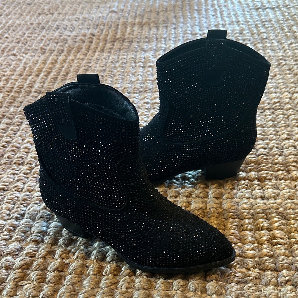 Link Black Rhinestone Western Ankle Boots Pointed Toe Block Heel Size 4
